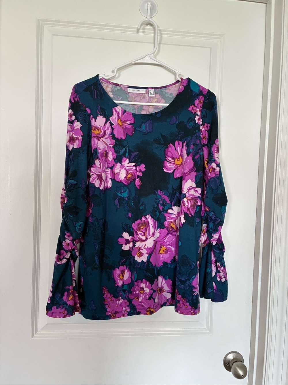 Susan Graver LiquidKnit Teal Long-Sleeve Top with Pink Floral Print